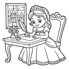 Princess writing with a quill at a desk coloring page art