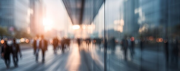 Blurred urban scene at sunset.  People walking on a city street, viewed through reflective glass, with buildings in the background.  Golden light.  Out of focus, soft image