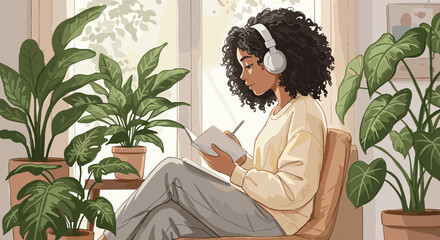 Young black woman writing in notebook while sitting in cozy indoor space  