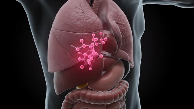 Digital illustration of human lungs with molecules