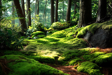 Obraz premium Tranquil moss in forest sunlight 