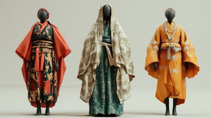 Three mannequins wearing traditional Japanese clothing
