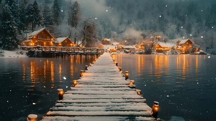 A snowy winter wonderland with a wooden bridge and twinkling lights - Powered by Adobe