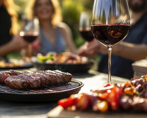 A festive barbecue celebration with friends and family enjoying grilled steak skewers wine and