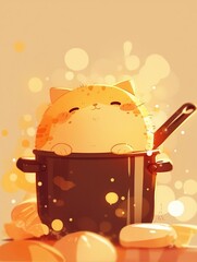 A cute orange cat sits in a black pot, with a happy expression. The background features soft, warm colors and abstract shapes, creating a cheerful atmosphere.