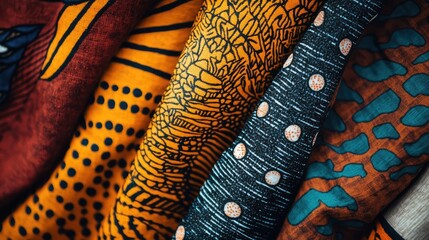 A stack of colorful fabric with a pattern of dots and lines