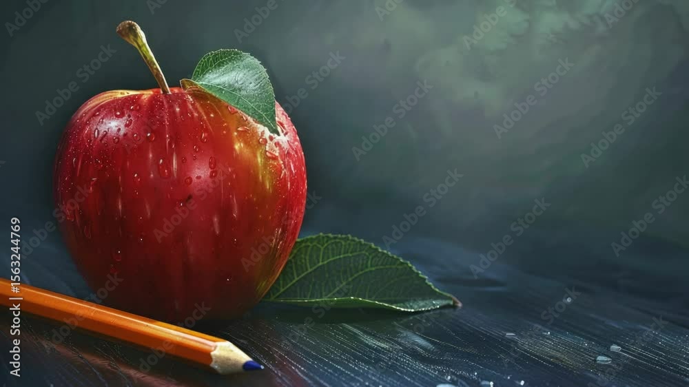Poster An apple and a pencil sit on a table, ready for use or observation