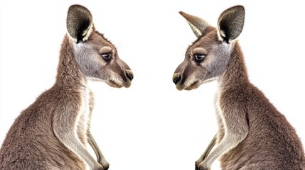 Obraz premium Two Young Kangaroos Face to Face on White Background