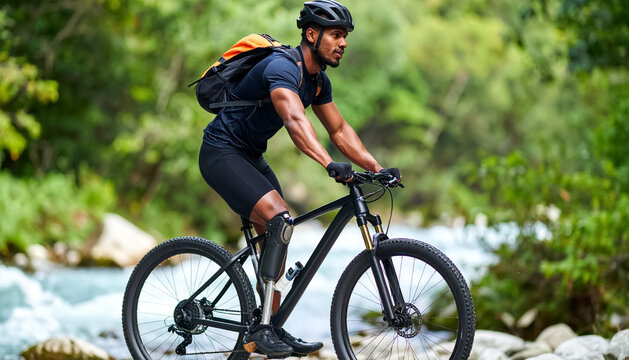 People walk, stretch, or cycle outdoors while wearing athleisure outfits, with a prosthetic leg visible in the morning.