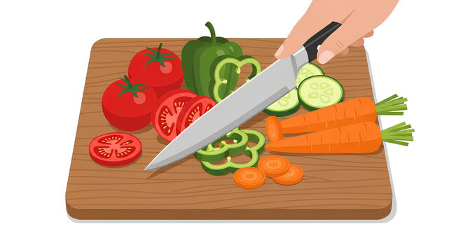 vegetables on wooden cutting board, knife slicing clip art preview