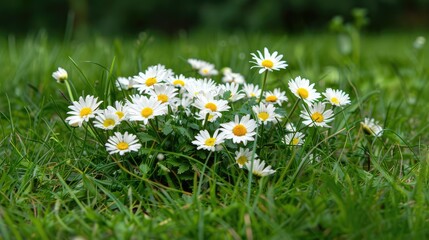 Large white daisies on the green grass, wildflowers.