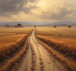Obraz premium Illustration of misty road through a brown field.