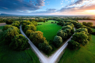 Obraz premium Beautiful landscape with tree-lined paths and lush greenery at sunset in the countryside