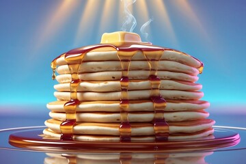 A plate of American pancakes with syrup and butter. AI Genetared.
