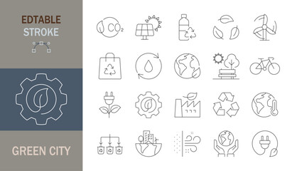 Green city icon set. Editable stroke. Vector illustration. 