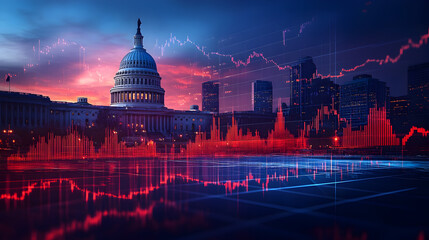 US Capitol building with American flag and overlaid stock market chart, symbolizing national debt, economic challenges, fiscal policy, and financial stability issues facing the US 42407788 1