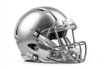 Fototapeta premium Close-up of a sleek silver football helmet isolated on a white background. Perfect for sports-related designs, marketing materials, or as a standalone graphic element.