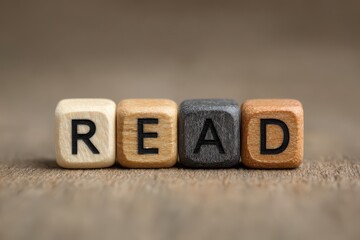 Close-up of smooth wooden alphabet cubes spelling the word 'READ' on a rustic wooden surface. Perfect for education, literacy, and reading concepts.