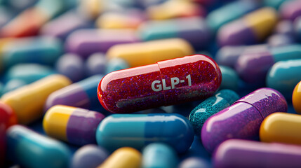 Brightly colored capsules representing GLP-1 weight management solutions, highlighting advanced pharmaceutical therapies for weight loss, diabetes control, and metabolic health support.. 89990109 1