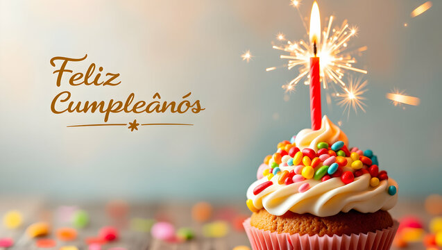 Elegant birthday scene with layered chocolate cake, candles lit, and flower decoration, Feliz Cumplea&ntilde;os message space