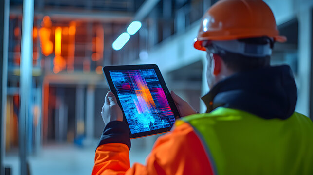 Construction site worker using thermal imaging tablet with infrared technology to detect heat signatures, monitor structural integrity, and ensure safety in active building environment 29784506 1