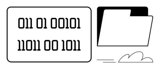 Binary digits on a screen paired with a file folder symbolize data management, coding, and storage concepts. Ideal for technology, coding, storage, software, digitalization, cloud computing