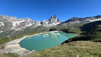 Naklejka premium lago, montagna, acqua, paesaggio, natura, foresta, cielo, alberi, neve, cascata, fiume, pozze, viaggiare, rocce, alpi, veduta, scenico, Aosta, Cervinia, Cervino, Gollet, Cime Bianche, Funivia, Zermat,