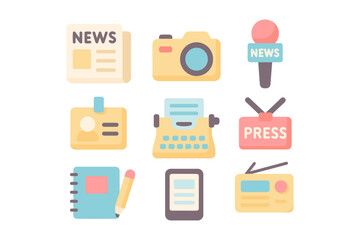 Journalism essentials vector illustration: flat style media icons for print and digital design