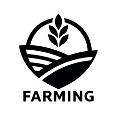 Modern Farming Logo Black and White Icon with Wheat Stalk and Cultivated Land Illustration