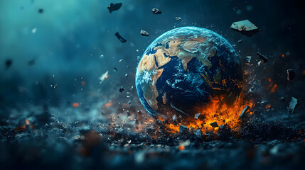 Shattered earth with cracked surface symbolizing global chaos, conflict, division, and environmental or geopolitical instability affecting world unity and peace. 11856382 1