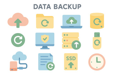 Data backup technology vector illustration: flat design for digital security icons