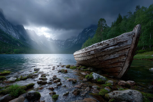 Serene wooden boat resting on rocky shore under dark storm clouds at mountain lake