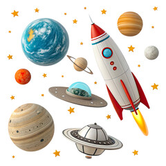 Space Rocket Illustration Isolated on Transparent Background with Stars