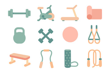 Fitness equipment vector illustration: gym tools for exercise and training in flat style
