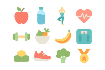 Healthy lifestyle icons vector illustration: fitness and wellness flat design for print and digital use