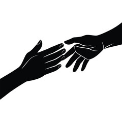 Black silhouette of two hands reaching for each other connection white
