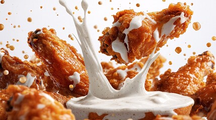 Ranch dressing splashing onto crispy chicken wings and ranch dip, highlighting the texture and creamy consistency, isolated on white background,