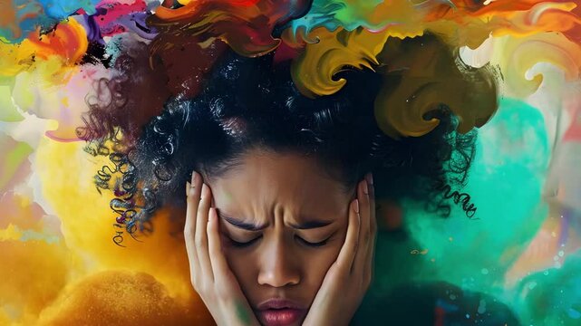 Woman stress headache colorful abstract emotion pain curly hair facial expression mental health anxiety frustration vibrant artistic creativity with