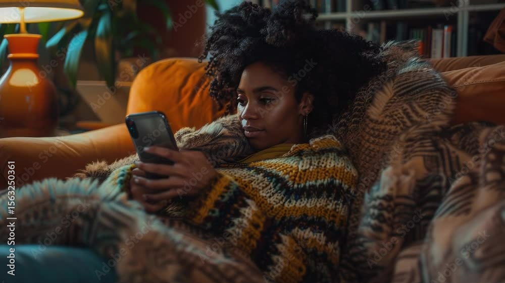 Aufkleber A person sitting on a sofa with a cellphone in hand, potentially engaged in a conversation or browsing online