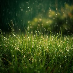 Fototapeta premium Dewy Grass Under Rain Drops in a Serene Natural Setting