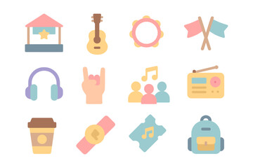 Music festival icons vector illustration for design: flat style, event, and party concepts