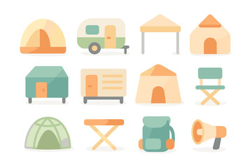 Camping adventure vector illustration - outdoor recreational equipment in flat design for posters and cards