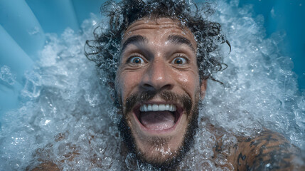 Man sitting in ice bath, experiencing cold water therapy benefits and challenges, highlighting physical recovery, mental toughness, circulation boost, and wellness treatment in a therapeutic19415353 2