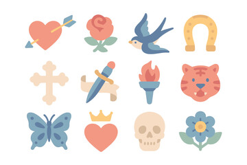 Vintage tattoo icon set vector illustration: traditional symbols for design, flat style