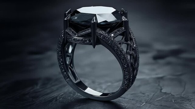 A stunning black diamond ring on a dark surface