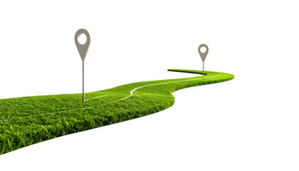 Green Path to Success: A winding grassy path with location markers symbolizes journey, progress, and the path to success.