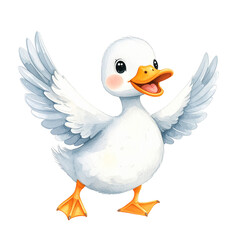 Whimsical Duckling's Happy Dance: A cheerful duckling, its fluffy white feathers contrasting with its bright orange beak and feet, dances joyfully in a whimsical and animated scene. 