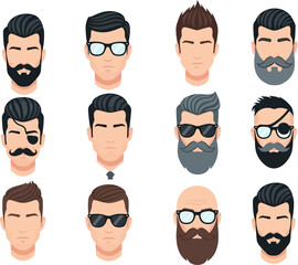 Different men hairstyles and beards styles vector illustration for barbershop and fashion design