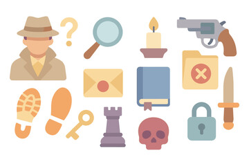 Detective mystery elements vector illustration: flat style icons for design, card, poster