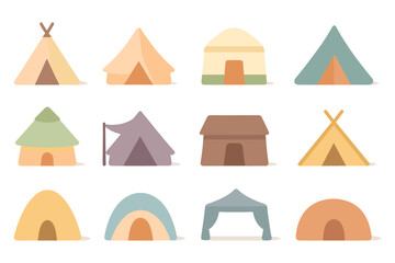 Camping tent collection vector illustration: flat style design for outdoor adventure